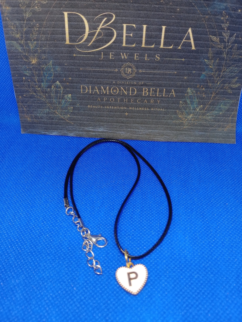 Black Cord Necklace with Gold Heart Initial P Pendant